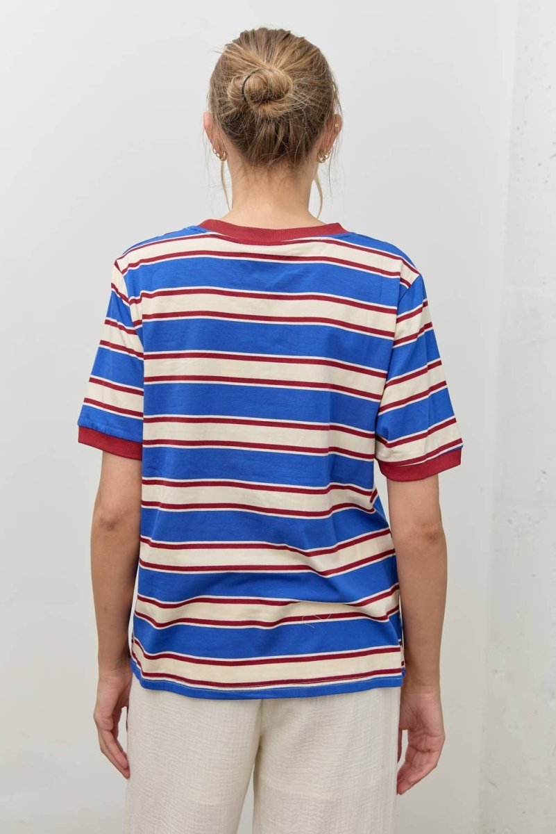 T-Shirt Rayé Col Contrastant Bleu et Rouge Polagram - Ex - voto