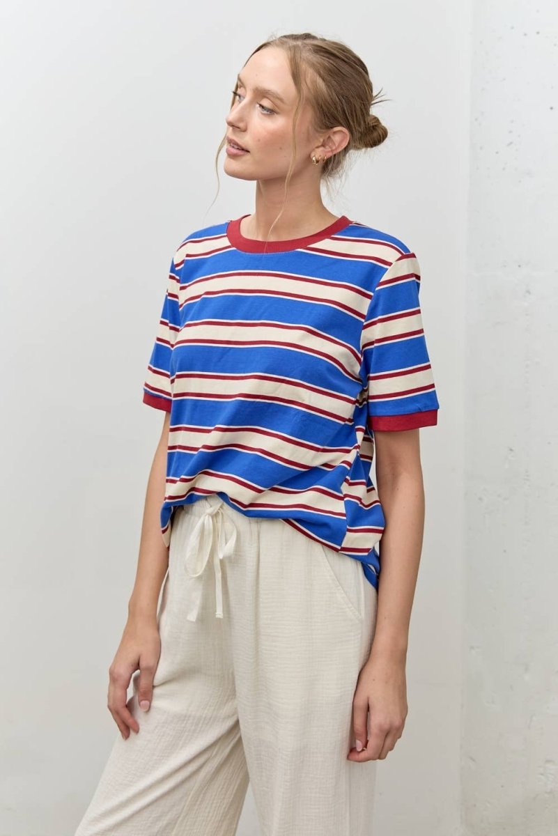 T-Shirt Rayé Col Contrastant Bleu et Rouge Polagram - Ex - voto