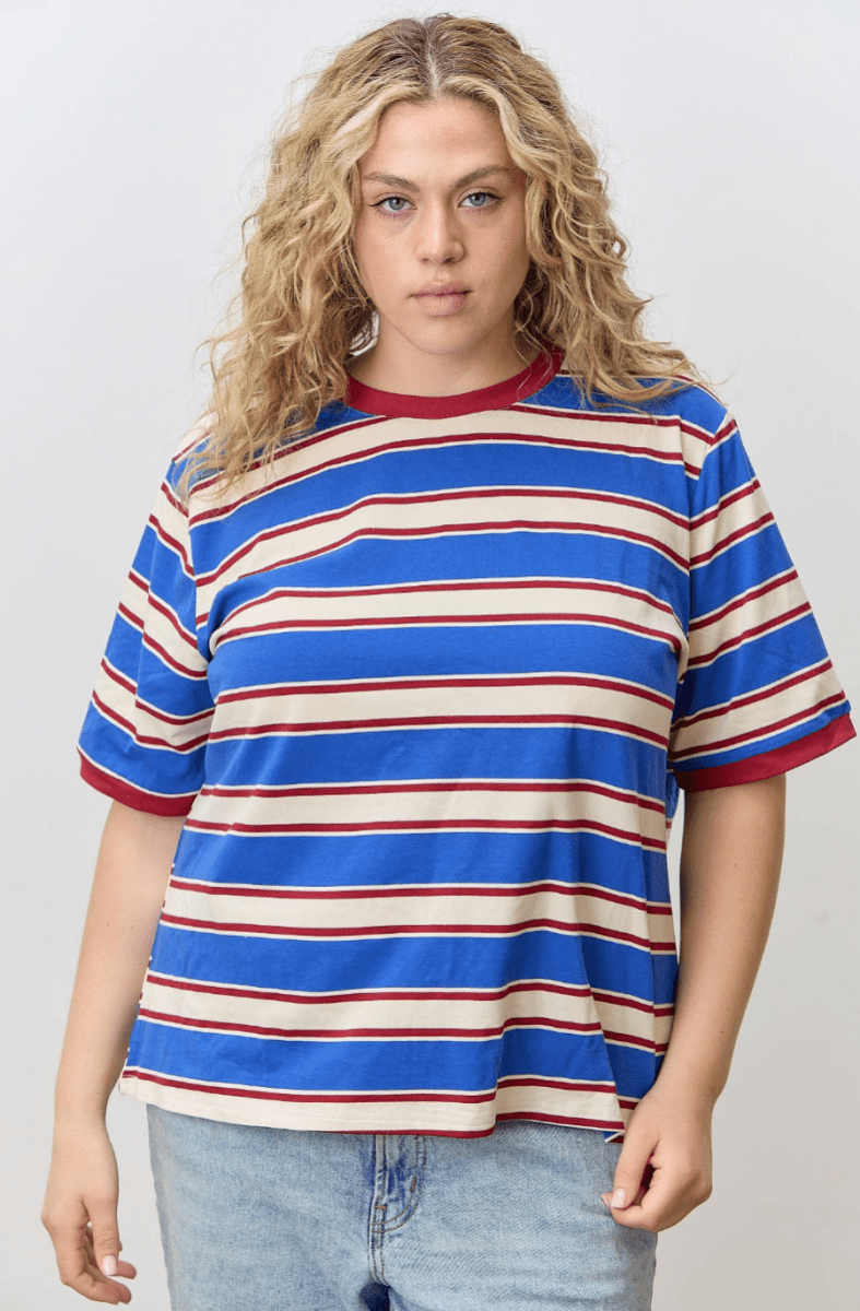 T-Shirt Rayé Col Contrastant Bleu et Rouge Polagram - Ex - voto