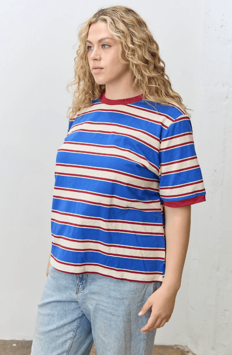 T-Shirt Rayé Col Contrastant Bleu et Rouge Polagram - Ex - voto