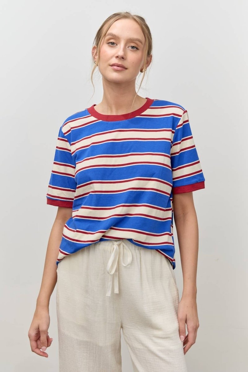 T-Shirt Rayé Col Contrastant Bleu et Rouge Polagram - Ex - voto