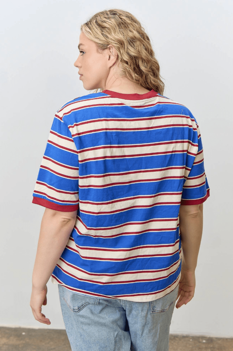 T-Shirt Rayé Col Contrastant Bleu et Rouge Polagram - Ex - voto