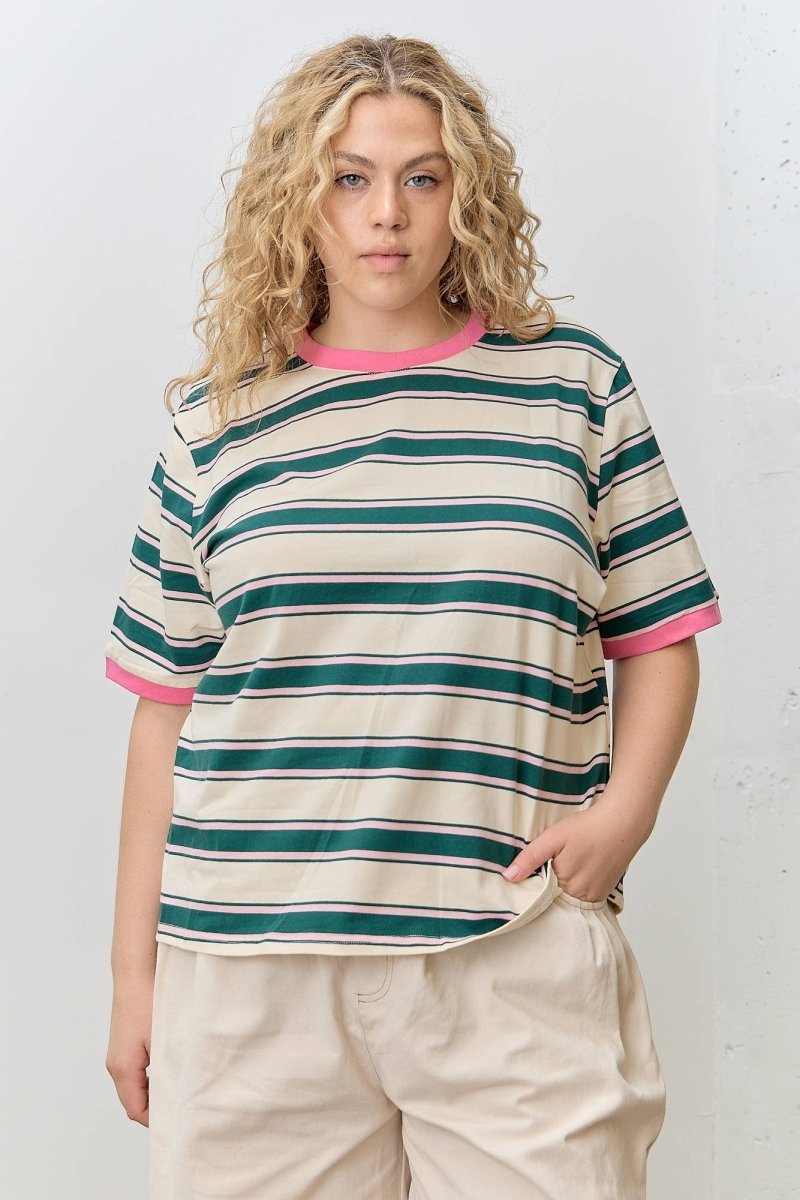 T-Shirt Rayé Col Contrastant Vert et Rose Polagram - Ex - voto