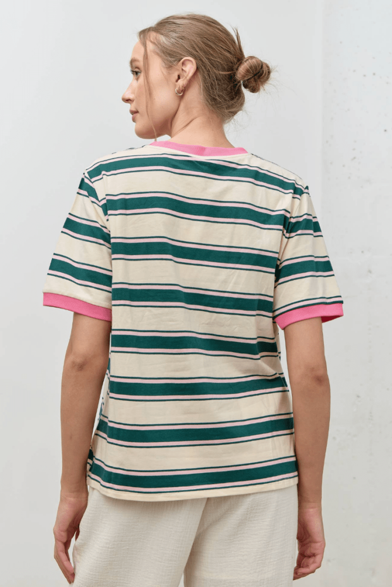 T-Shirt Rayé Col Contrastant Vert et Rose Polagram - Ex - voto