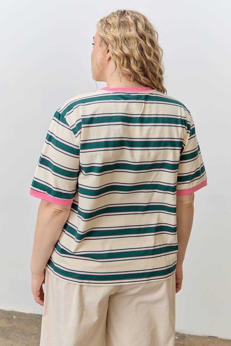 T-Shirt Rayé Col Contrastant Vert et Rose Polagram - Ex - voto