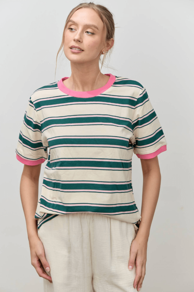T-Shirt Rayé Col Contrastant Vert et Rose Polagram - Ex - voto