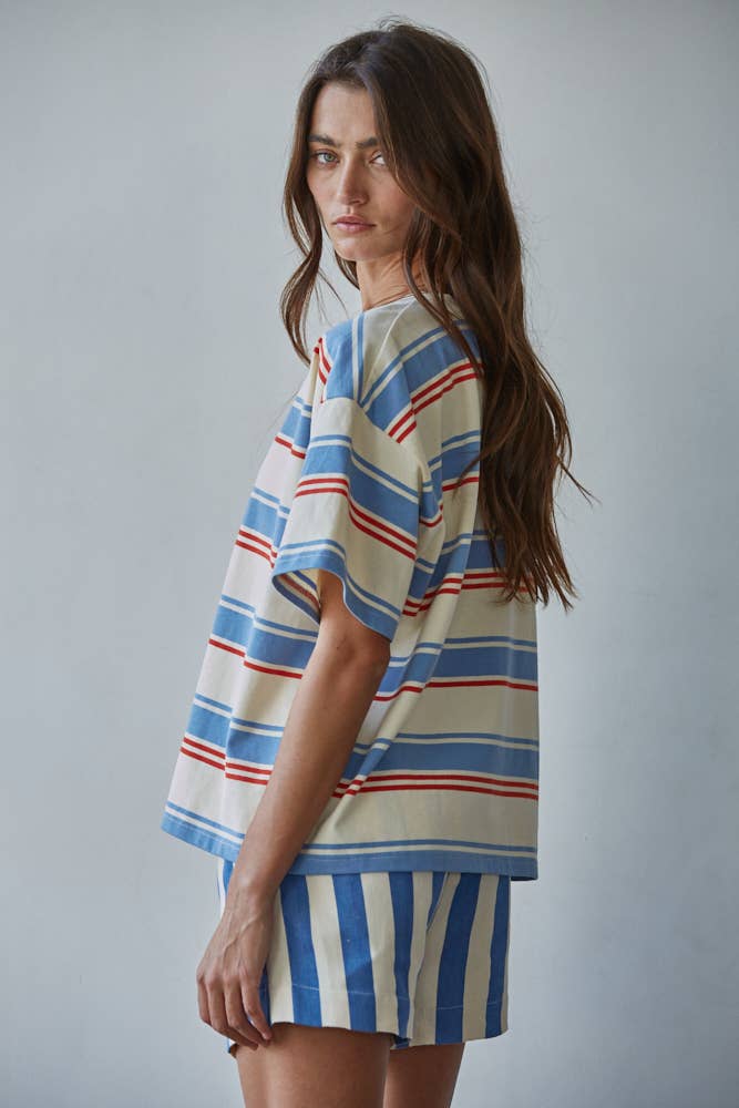 T-shirt Rayures Bleues, Crèmes et Rouges By Together - Ex - voto