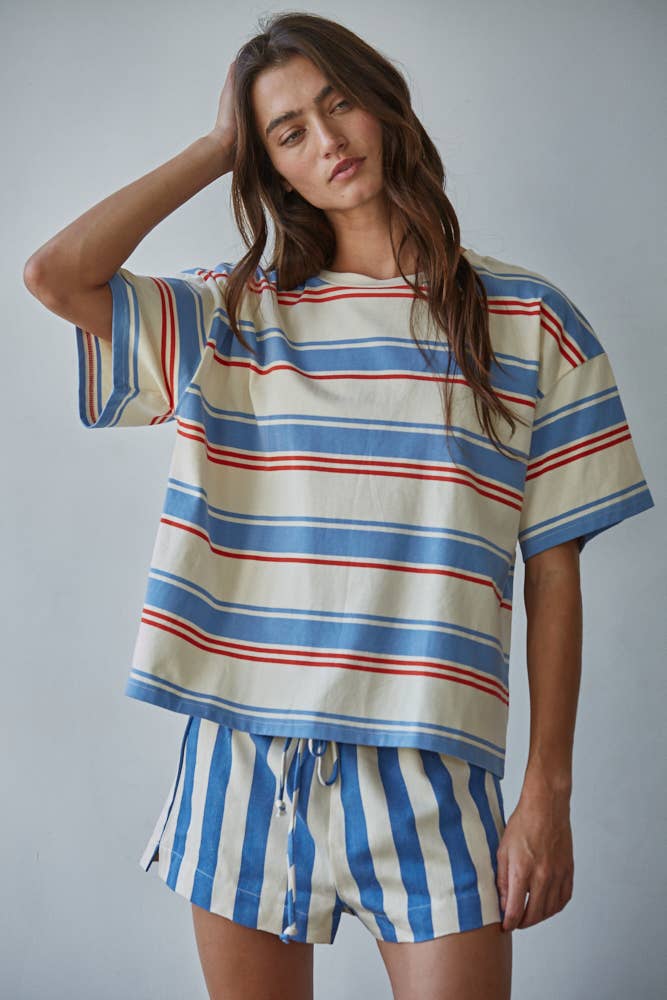 T-shirt Rayures Bleues, Crèmes et Rouges By Together - Ex - voto